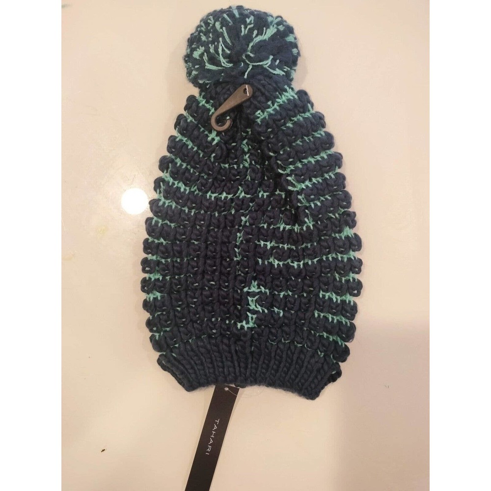 Tahari Slouchy W/ Pom Knit Winter Hat Navy Blue Green NWT